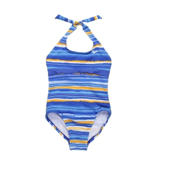 Nike Swimsuit One Piece Striped Halter Size 7 Blue Yellow White Halter Girls New
